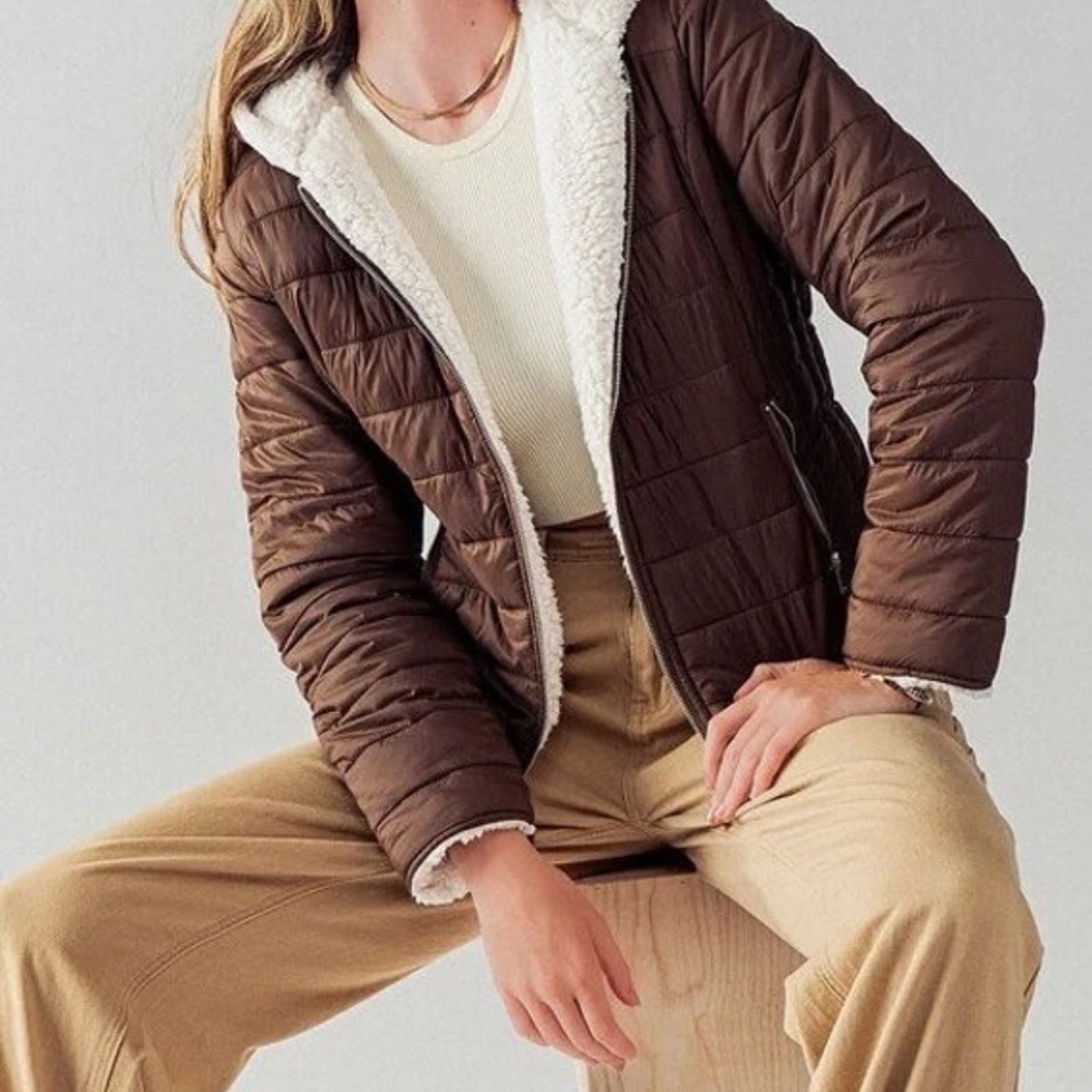 Womens‎ Reversible Sherpa Fleece Puffer Hooded Jacket Brown Neutral